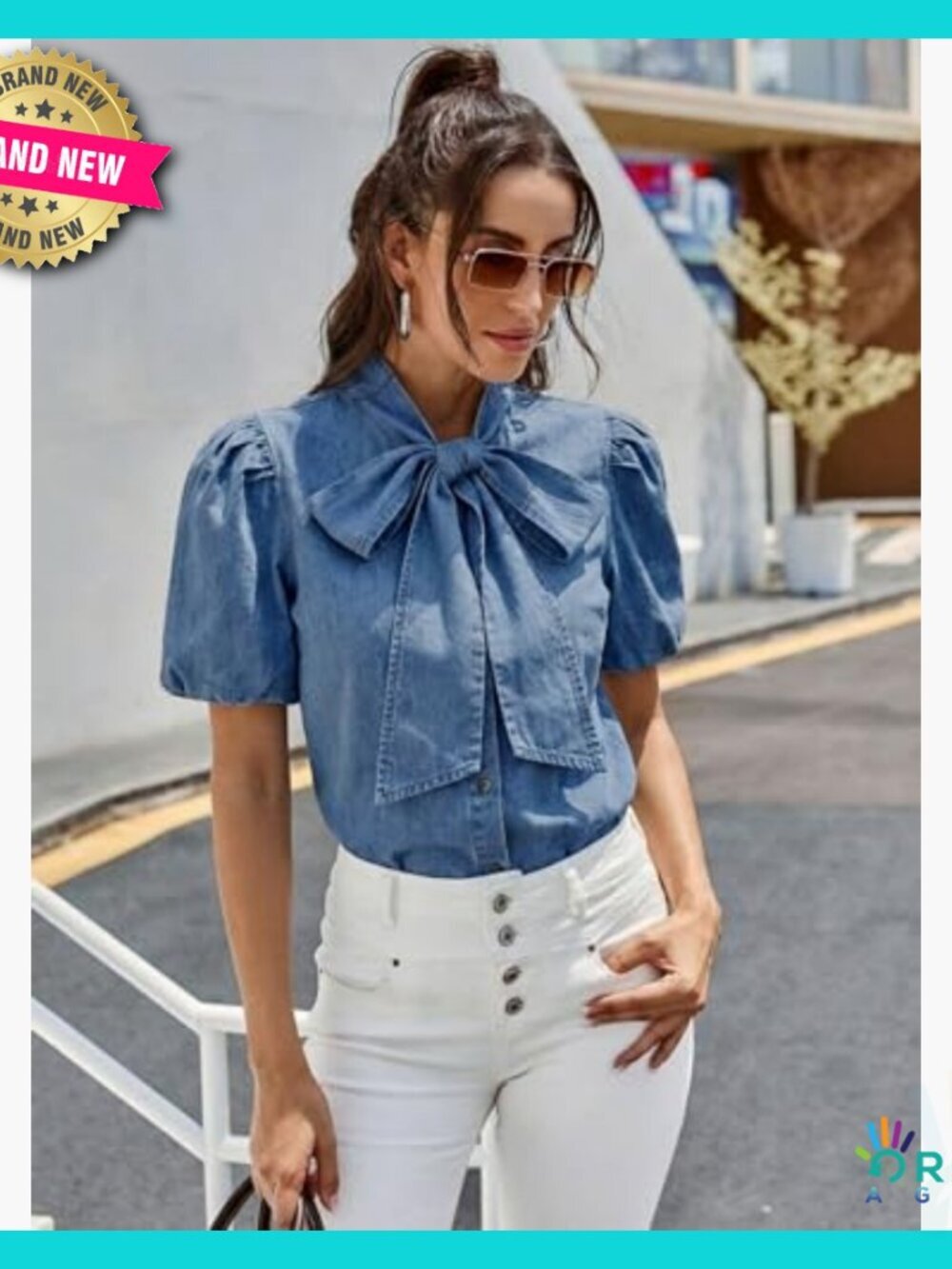 Denim Button Down Blouse Puff Sleeve Bow Tie Neck Business Casual Chic - Picture 3 of 6